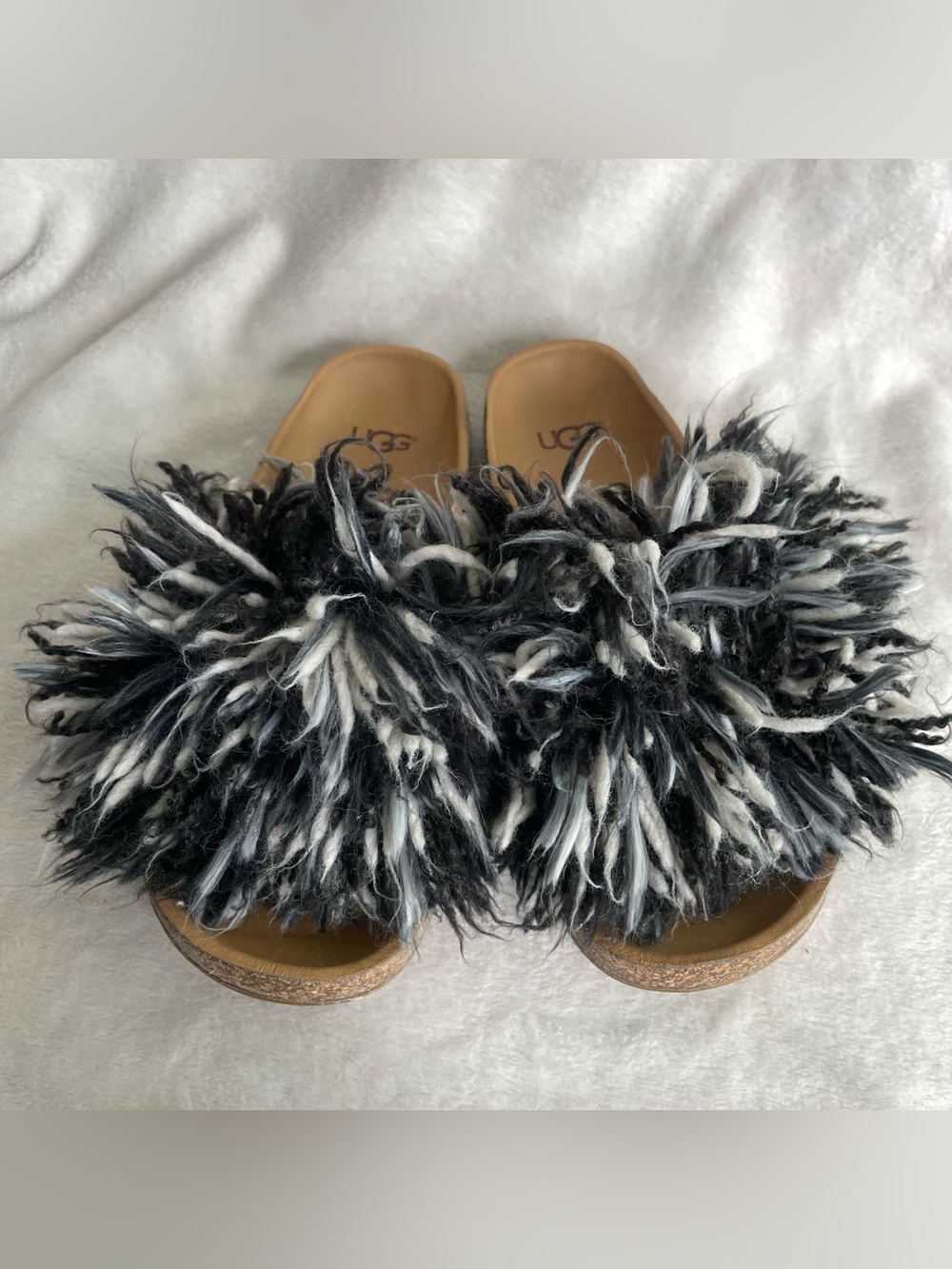 UGG Women's Cindi Black White Yarn Fringe Cork Slide Sandals Slip On Size 7.5